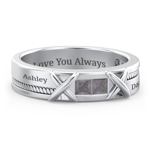 Men's 2-Stone Family Ring with “X” Stitch Detail – Sterling Silver with Alexandrite