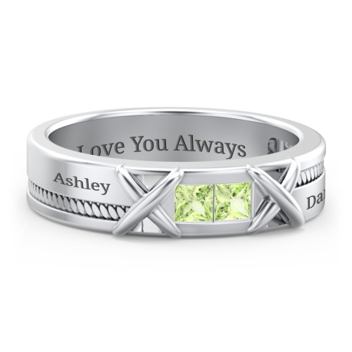Men's 2-Stone Family Ring with “X” Stitch Detail – Sterling Silver with Peridot