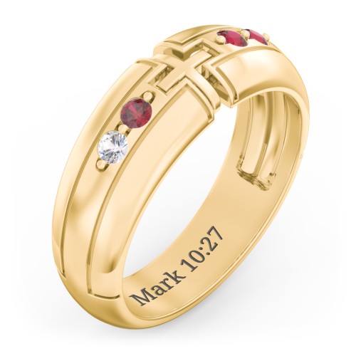 Men’s 4-Stone Cross Ring – 9kt Yellow Gold with Cubic Zirconia and Garnet