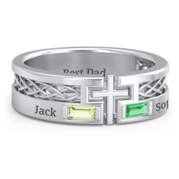 Men’s Cross Ring with East-West Baguette Gemstones in 925 Sterling Silver with Peridot and Emerald