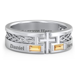 Men’s Cross Ring with East-West Baguette Gemstones in 925 Sterling Silver with Citrine