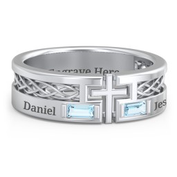 Men’s Cross Ring with East-West Baguette Gemstones in 925 Sterling Silver with Blue Topaz