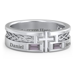 Men’s Cross Ring with East-West Baguette Gemstones in 925 Sterling Silver with Alexandrite
