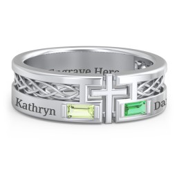 Men’s Cross Ring with East-West Baguette Gemstones in 925 Sterling Silver with Peridot and Emerald