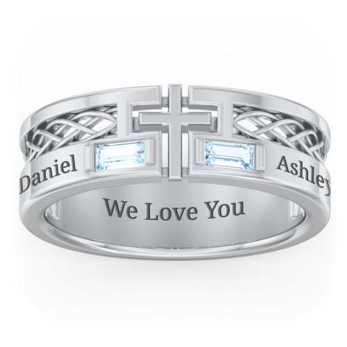 Men’s Cross Ring with East-West Baguette Gemstones – Sterling Silver with Aquamarine