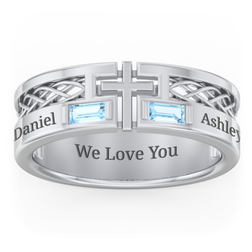Men’s Cross Ring with East-West Baguette Gemstones – Sterling Silver with Blue Topaz