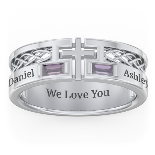 Men’s Cross Ring with East-West Baguette Gemstones – Sterling Silver with Alexandrite