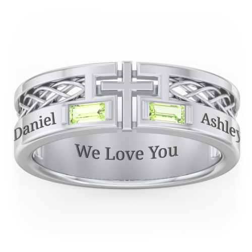 Men’s Cross Ring with East-West Baguette Gemstones – Sterling Silver with Peridot