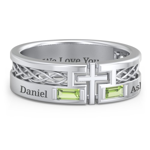 Men’s Cross Ring with East-West Baguette Gemstones – Sterling Silver with Peridot