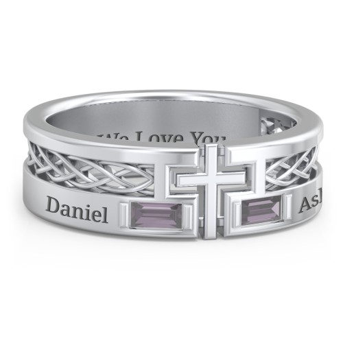 Men’s Cross Ring with East-West Baguette Gemstones – Sterling Silver with Alexandrite