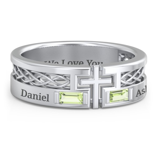 Men’s Cross Ring with East-West Baguette Gemstones – Sterling Silver with Peridot