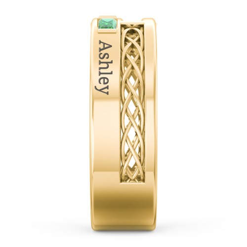 Men’s Cross Ring with East-West Baguette Gemstones – 9kt Yellow Gold with Peridot and Emerald