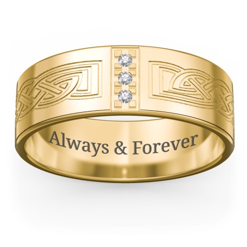 Men’s Celtic Trinity Knot Wedding Band with Accents – 9kt Yellow Gold with White Premium Zirconia