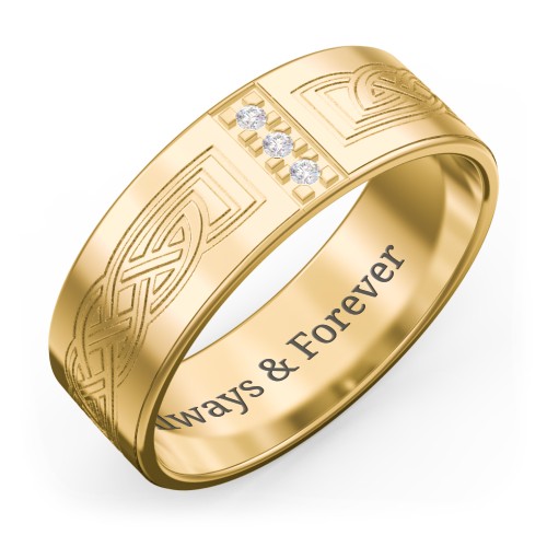 Men’s Celtic Trinity Knot Wedding Band with Accents – 9kt Yellow Gold with White Premium Zirconia