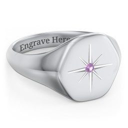Men’s Star Set Hexagon Signet Ring in 925 Sterling Silver with Amethyst