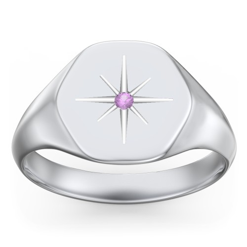 Men’s Star Set Hexagon Signet Ring – Sterling Silver with Amethyst