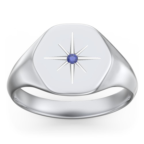 Men’s Star Set Hexagon Signet Ring – Sterling Silver with Blue Sapphire