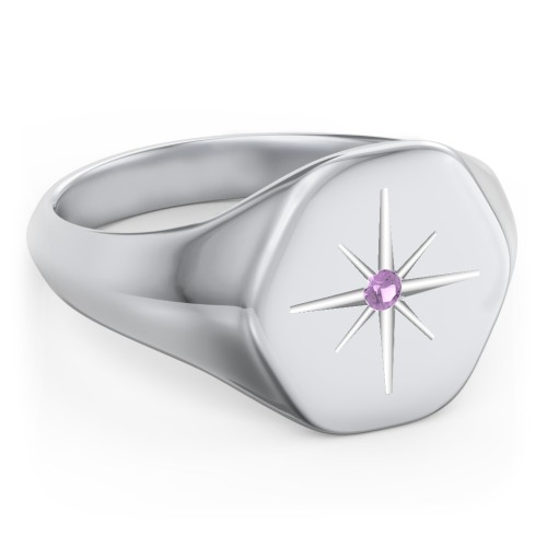 Men’s Star Set Hexagon Signet Ring – Sterling Silver with Amethyst