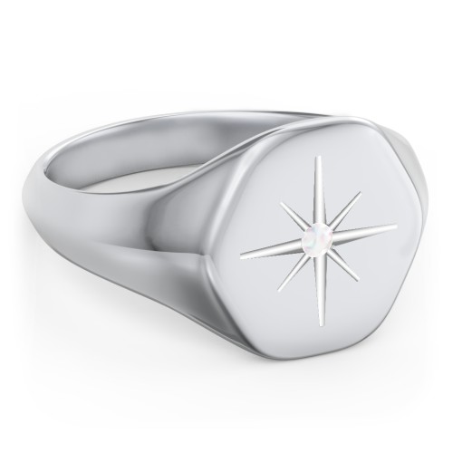 Men’s Star Set Hexagon Signet Ring – Sterling Silver with Opal