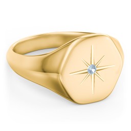 Men’s Star Set Hexagon Signet Ring in 9K Solid Yellow Gold with Blue Topaz