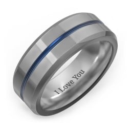 Men's Tungsten Ring with Blue Groove and Beveled Edge