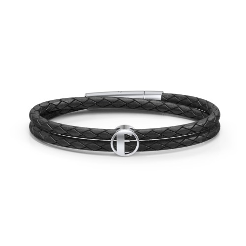 Men’s Leather Sterling Silver Round "F" Initial Bracelet