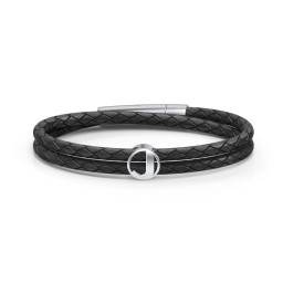 Men’s Leather Sterling Silver Round "J" Initial Bracelet in 925 Sterling Silver