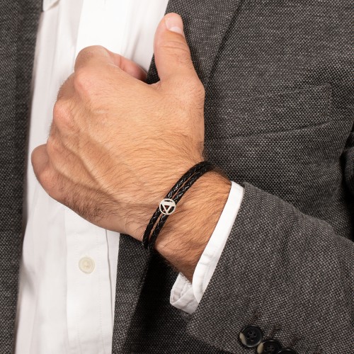 Men’s Leather Sterling Silver Round "K" Initial Bracelet