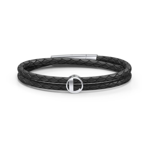 Men’s Leather Sterling Silver Round "L" Initial Bracelet