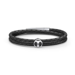 Men’s Leather Sterling Silver Round "T" Initial Bracelet in 925 Sterling Silver