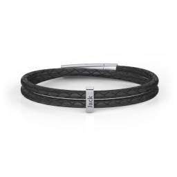 Men’s Engravable Sterling Silver Vertical Bar Leather Bracelet in 925 Sterling Silver