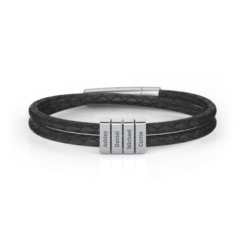 Men’s Engravable Sterling Silver Vertical 4-Bar Leather Bracelet – Sterling Silver