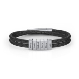 Men’s Engravable Sterling Silver Vertical 6-Bar Leather Bracelet in 925 Sterling Silver