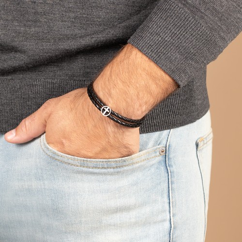 Men’s Leather Sterling Silver Cross Bracelet