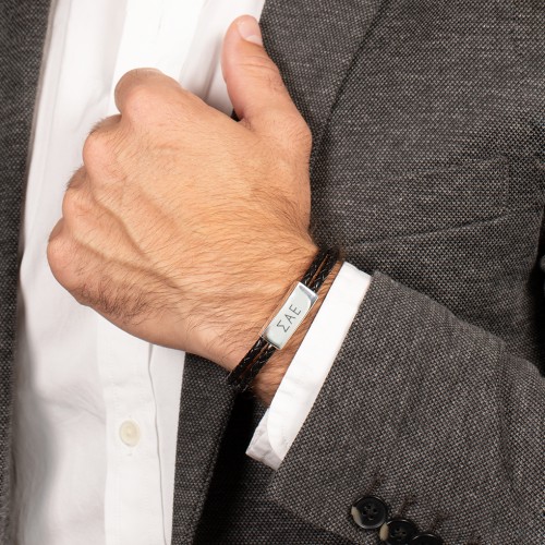 Men’s Leather Sterling Silver Engravable Bar Fraternity Bracelet