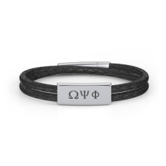 Men’s Leather Sterling Silver Engravable Bar Fraternity Bracelet – Sterling Silver
