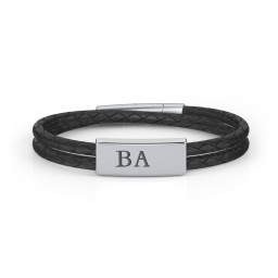 Men’s Leather Sterling Silver Engravable Bar Fraternity Bracelet in 925 Sterling Silver