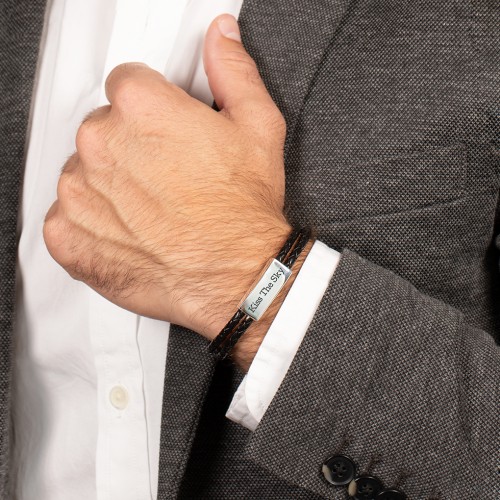 Men’s Leather Sterling Silver Engravable Bar Bracelet – Sterling Silver