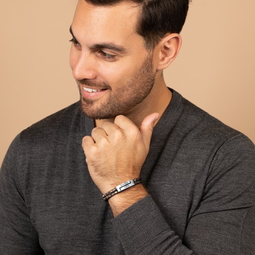 Men’s Antique Brown Leather Sterling Silver Engravable Rectangle Bracelet