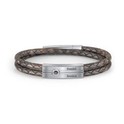 Men’s Antique Brown Leather Sterling Silver Engravable Gemstone Rectangle Bracelet