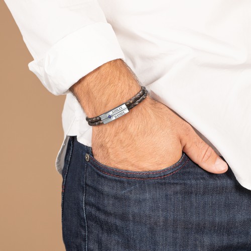 Men’s Antique Brown Leather Sterling Silver Engravable Gemstone Rectangle Bracelet