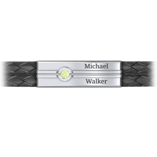Men’s Black Leather Sterling Silver Engravable Gemstone Rectangle Bracelet