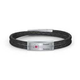 Men’s Black Leather Sterling Silver Engravable Gemstone Rectangle Bracelet in 925 Sterling Silver with Ruby
