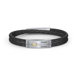 Men’s Black Leather Sterling Silver Engravable Gemstone Rectangle Bracelet in 925 Sterling Silver with Citrine