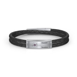 Men’s Black Leather Sterling Silver Engravable Gemstone Rectangle Bracelet in 925 Sterling Silver with Alexandrite