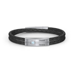 Men’s Black Leather Sterling Silver Engravable Gemstone Rectangle Bracelet in 925 Sterling Silver with Blue Topaz