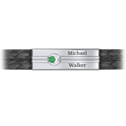 Men’s Black Leather Sterling Silver Engravable Gemstone Rectangle Bracelet – Sterling Silver with Emerald