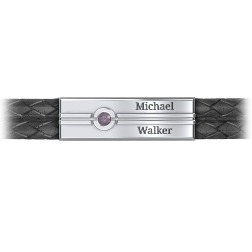 Men’s Black Leather Sterling Silver Engravable Gemstone Rectangle Bracelet – Sterling Silver with Alexandrite