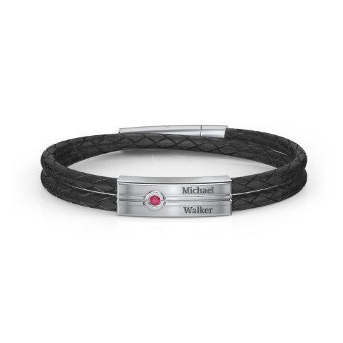 Men’s Black Leather Sterling Silver Engravable Gemstone Rectangle Bracelet – Sterling Silver with Ruby