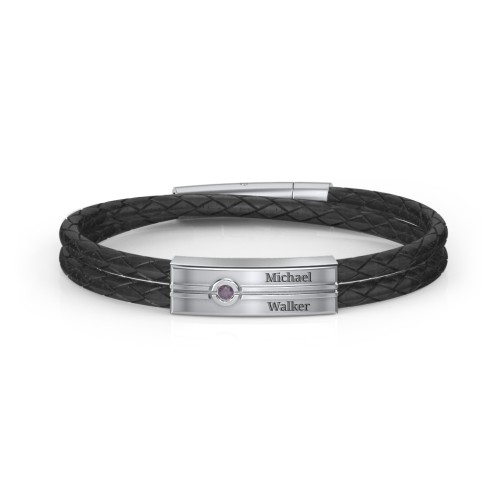 Men’s Black Leather Sterling Silver Engravable Gemstone Rectangle Bracelet – Sterling Silver with Alexandrite